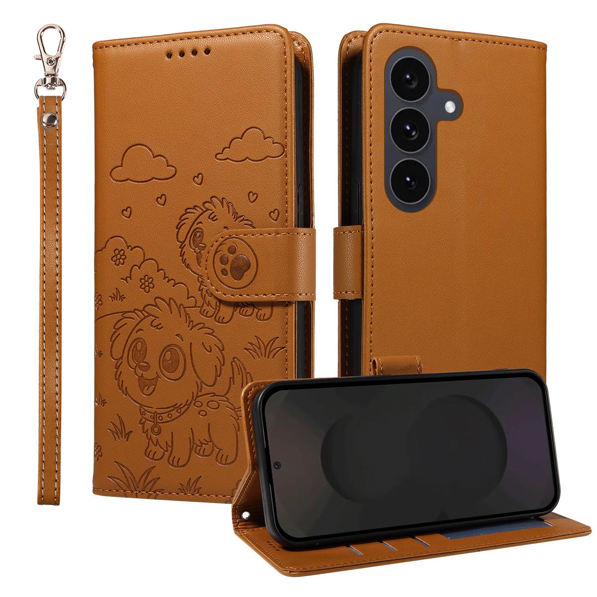 

For Samsung Galaxy S25 FE Case RFID Blocking Imprinted Dog Pattern PU Leather Phone Cover with Wrist Strap Brown