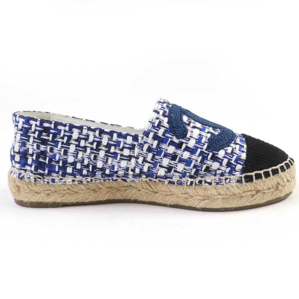 Great CHANEL Leather Shoes COCO Mark Tweed Espadrilles Blue Women 35 G34546 Used