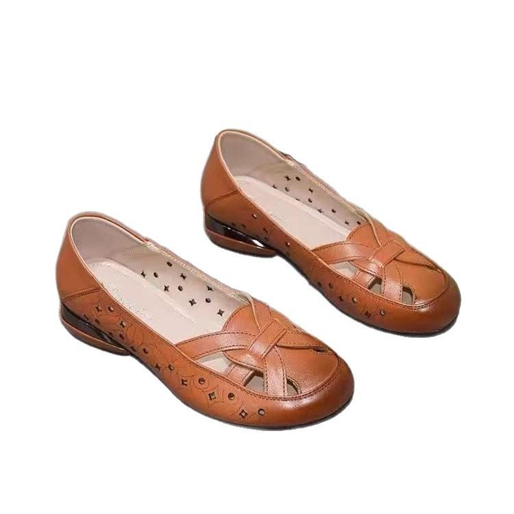 Hollow Women's Shoes Summer Breathable Bag Head Middle-aged and Elderly Mother Sandals Leather Soft Sole Women's Hole Single Shoes Comfortable and No
