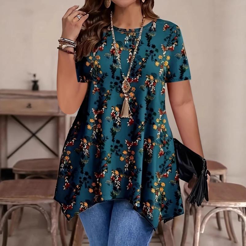 Women Blue Floral Print Short Sleeve Round Neck Irregular Hem Casual Tunic Top S зелёный