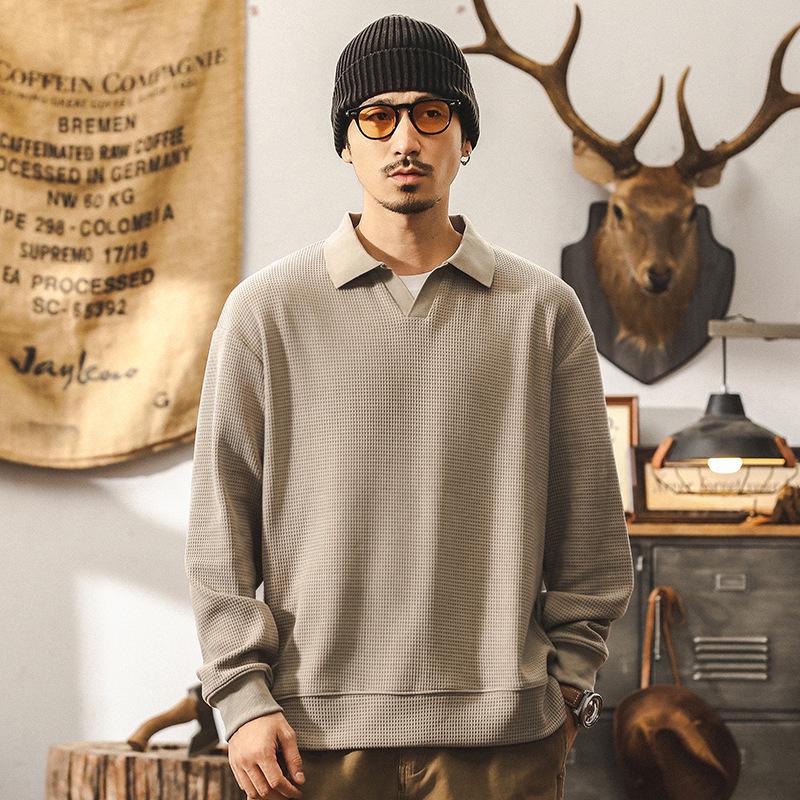 Men s American Retro European Cotton Waffle Knit Hoodie - Autumn Loose Henley Shirt Style M (Suitable for 100-125 jin)