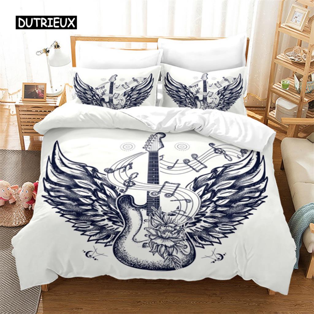 Guitar Queen Duvet Cover Rock Music Theme Bedding Set Grunge Color Splashed Brick Wall Background Electronic Guitar Mics Design