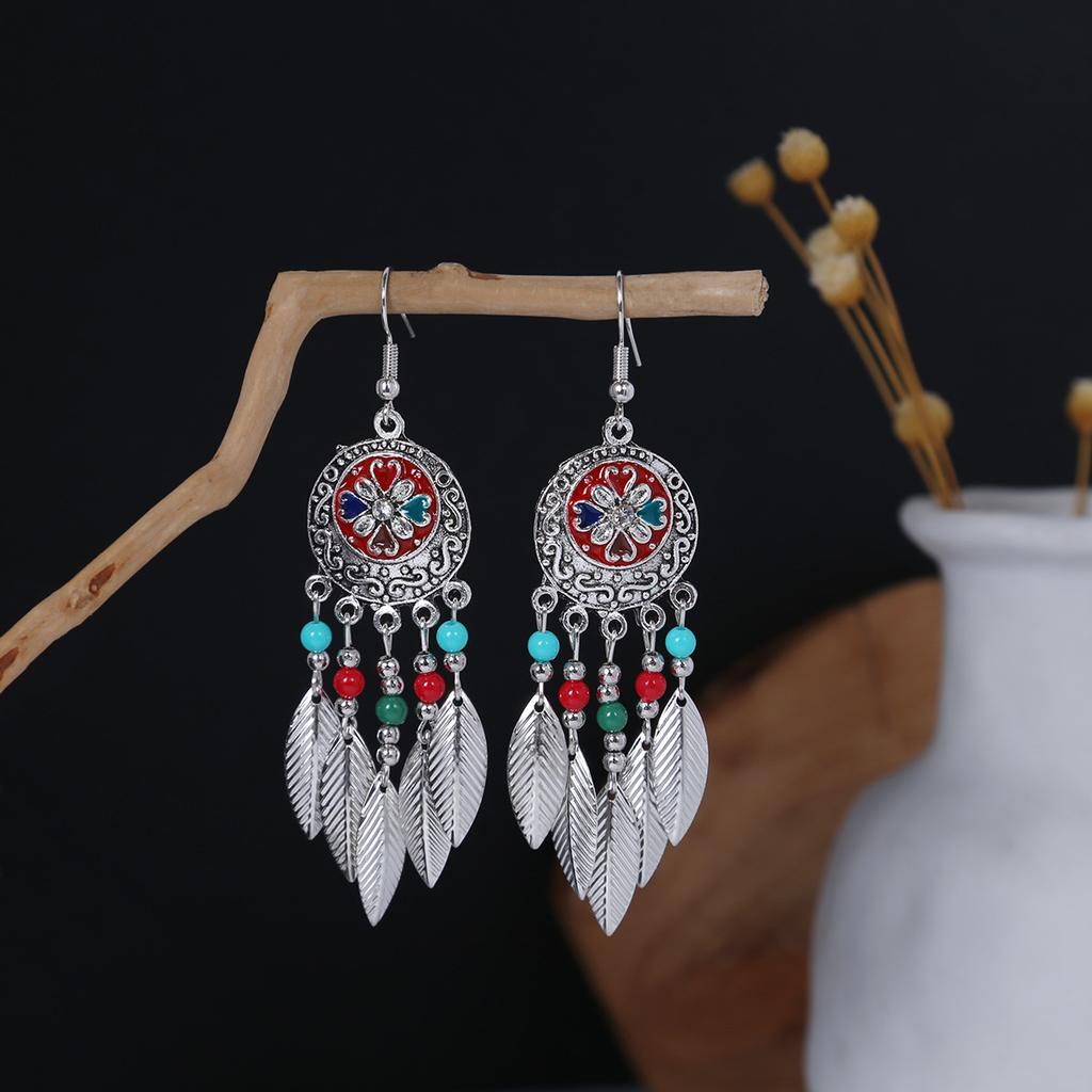 Bohemian Ethnic Style Oval Earrings, Retro Tourist Attractions Ethnic Minority Fringed Beaded Earrings