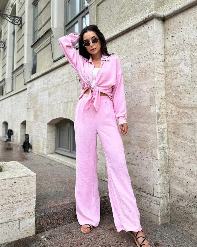 European & American Style Solid Color Lapel Long Sleeve Shirt with Casual Pants Two-Piece Set for Autumn 2025