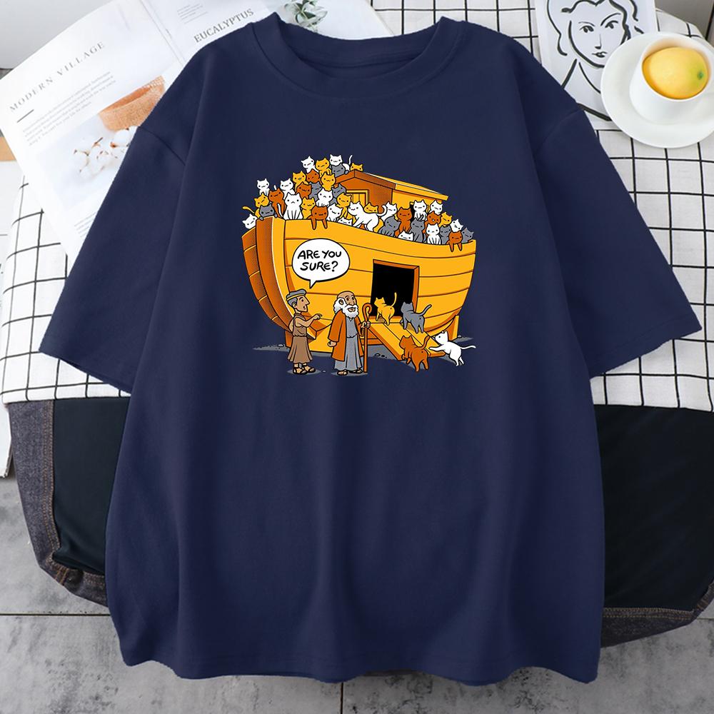 Cartoons Style Noah's Ark Cat Print Womens Tshirts Simple Oversize T-Shirts Fashion Loose Tops Soft Breathable T-Shirt for Women