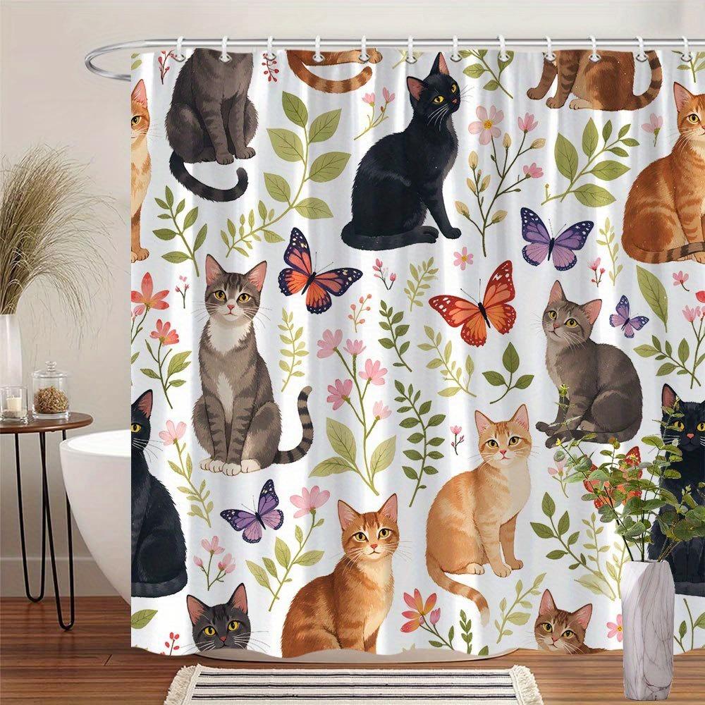 

Cat And Butterfly Patterns Shower Curtain Washable Dirt-Resistant Shower Head Waterproof Polyester Bath Curtain For Home Decor W60H190(CM)-1 Pcs