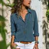 Womens Fashion V Neck Shirts Long Sleeve Tops Pockets Design Blusas Turn Down Collar Shirts Solid Colors Femininas