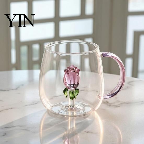 Rose Decorated Goblet Red Wine Glass with Roses And Green Leaves Decorated, Clear Romantic Cups Decorative Glass, Elegant Crystal for Dinners Parties