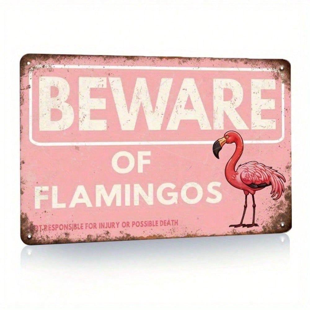 

Vintage Flamingo Metal Wall Sign, Beware Warning Plaque for Garden Decor