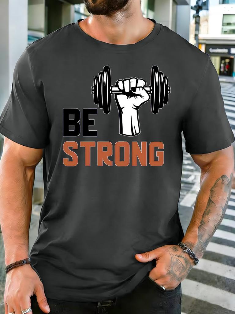 Unisex Cotton Crew Neck Tee Be Strong Dumbbell Hand Graphic Short Sleeve T Shirt Weightlifting Workout Fan Daily Sport Casual Top