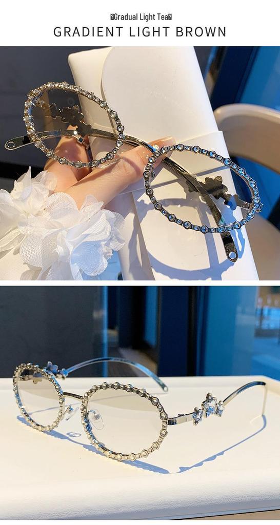 Star Diamond Rhinestone Round Frame Sunglasses - Versatile & High-End Glasses for Parties