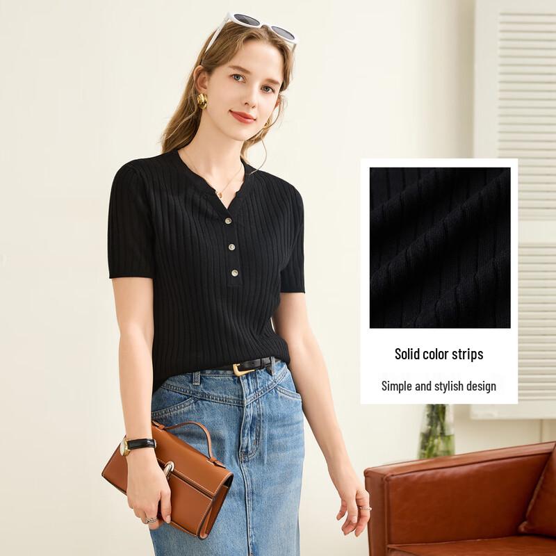 TUHUANG Women's Merino Wool Ribbed Knit V-Neck Short Sleeve T-Shirt