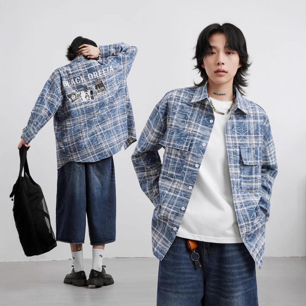 

Unisex American Retro Blue Plaid Oversized Long Sleeve Shirt Extra Large