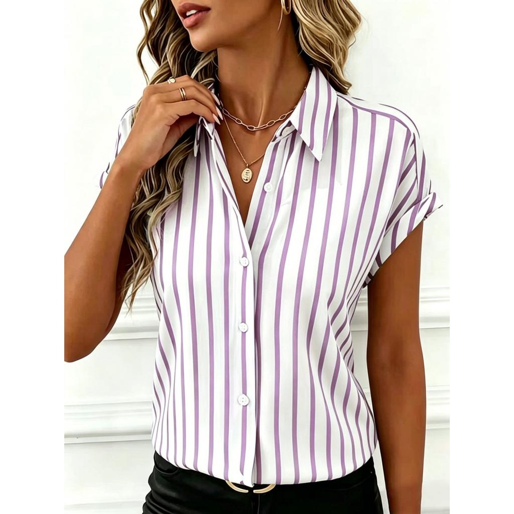 Nuova Blusa a Maniche Cadenti a Strisce con Bottoni da Donna per l'Estate