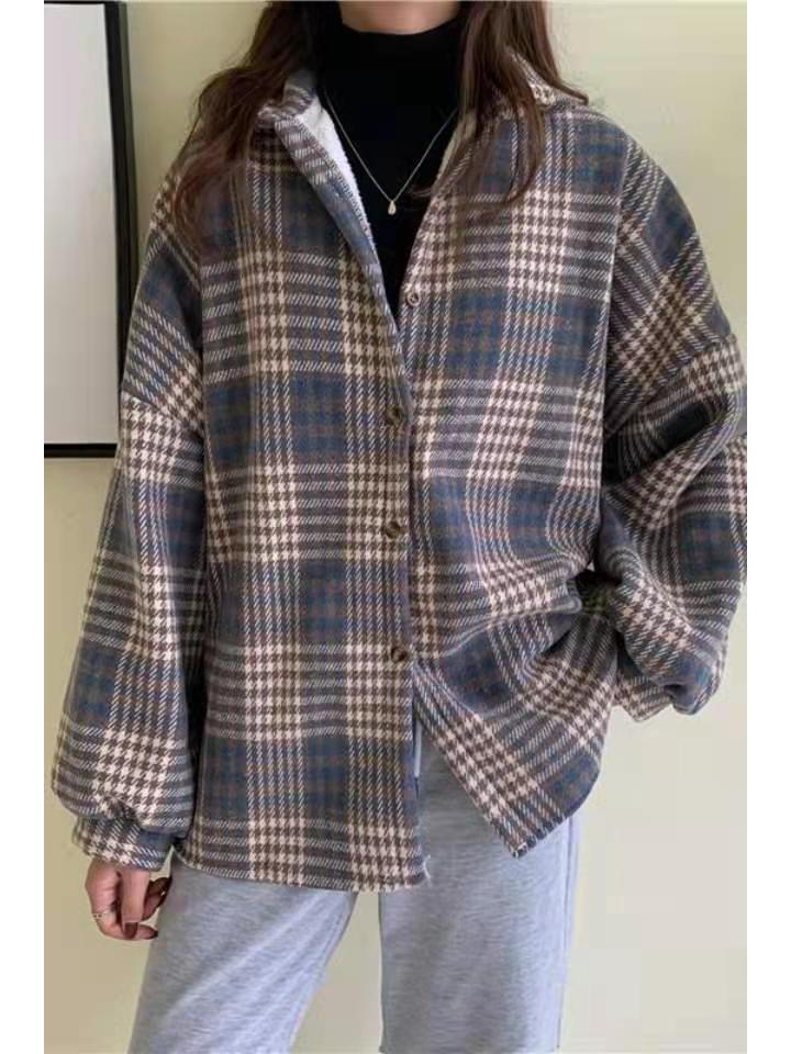New Autumn/Winter Women's Brushed Plaid Velvet Shirt Jacket - Long Sleeve, Loose, Warm Korean Style