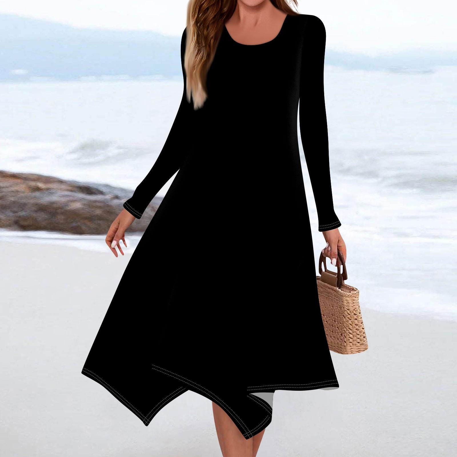 Women s Casual Fashion Round Neck Long Sleeve Color Irregular Hem Midi Dress L чёрный