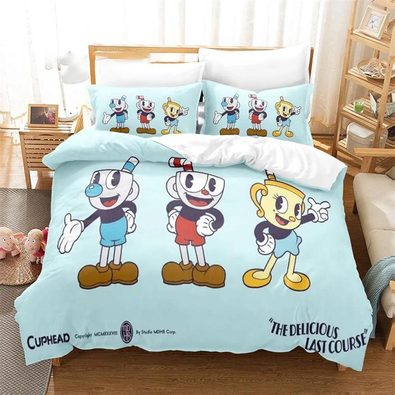 3D Printed Cartoon Cuphead Show Bedding Set,Girls Boys Adult Single Twin Queen Size,Duvet Cover Pillowcase Bedding