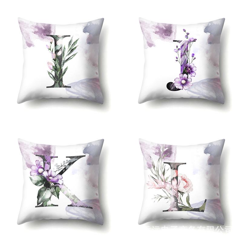 Polyester Pillowcase Home Watercolor Flower Print Pillowcase 26 English Letters Bedside Cushion Cover