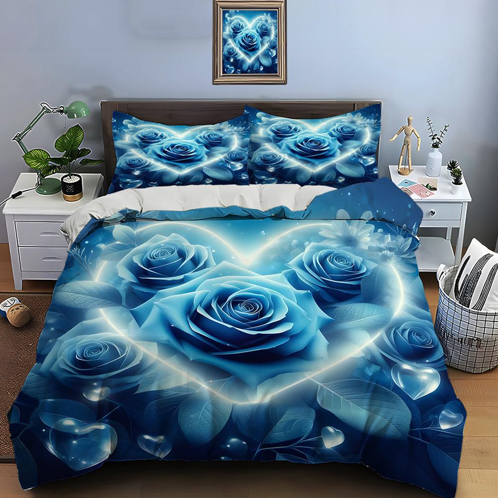 3pcs Blue Roses with Heart Halo Print Bedding Set 1 Duvet Cover 2 Pillowcases for Adult and Children Luxury Gift Full Size