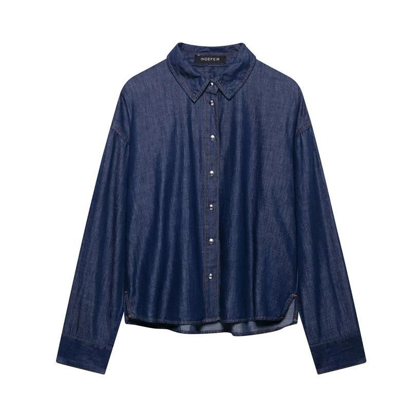 Women's Oversized Two Piece Pantsuit Long Sleeve Denim Shirt High Rise Wide Leg Trousers Matching Set