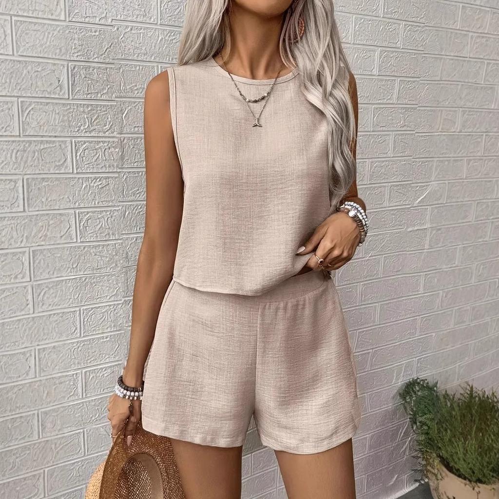 Summer Sleeveless Solid Color Shorts Set Women Clothing
