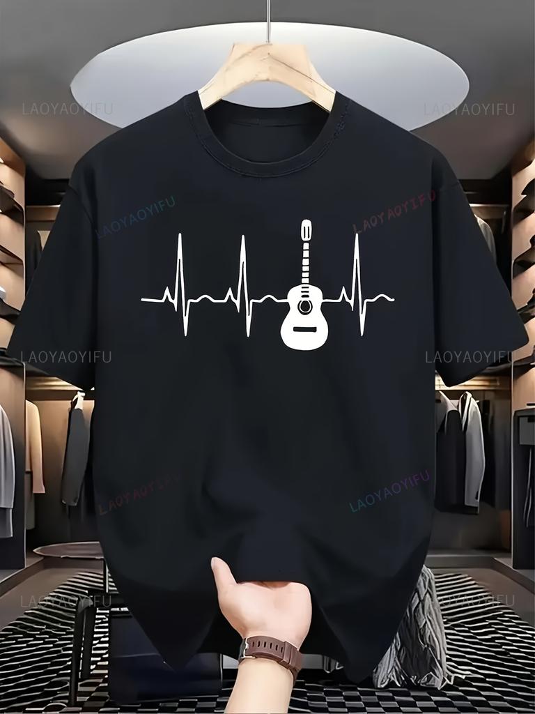 MenS Casual Short Sleeve Harajuku Oneck Printed TShirt Breathable Summer Harajuku with Guitar Heartbeat Line Casual Tee