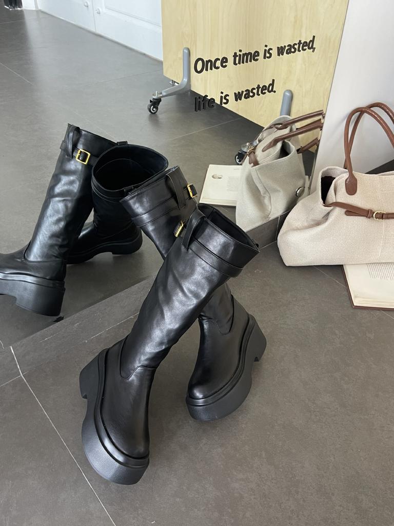 2025 nouveau style britannique semelles épaisses rehaussées grande circonférence de tige deux portés tube moyen et long mais bottes hauteur genou