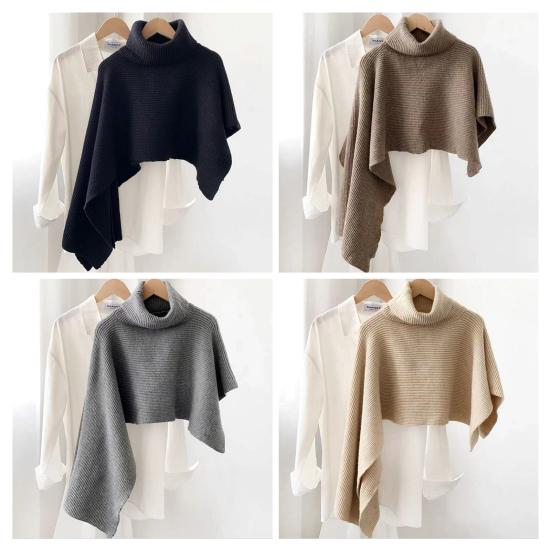 Cloak Scarf Women Solid Color Irregular Cut Cape Thickened Warm Knit Turtleneck Sweater Irregular Design Shawl Wrap
