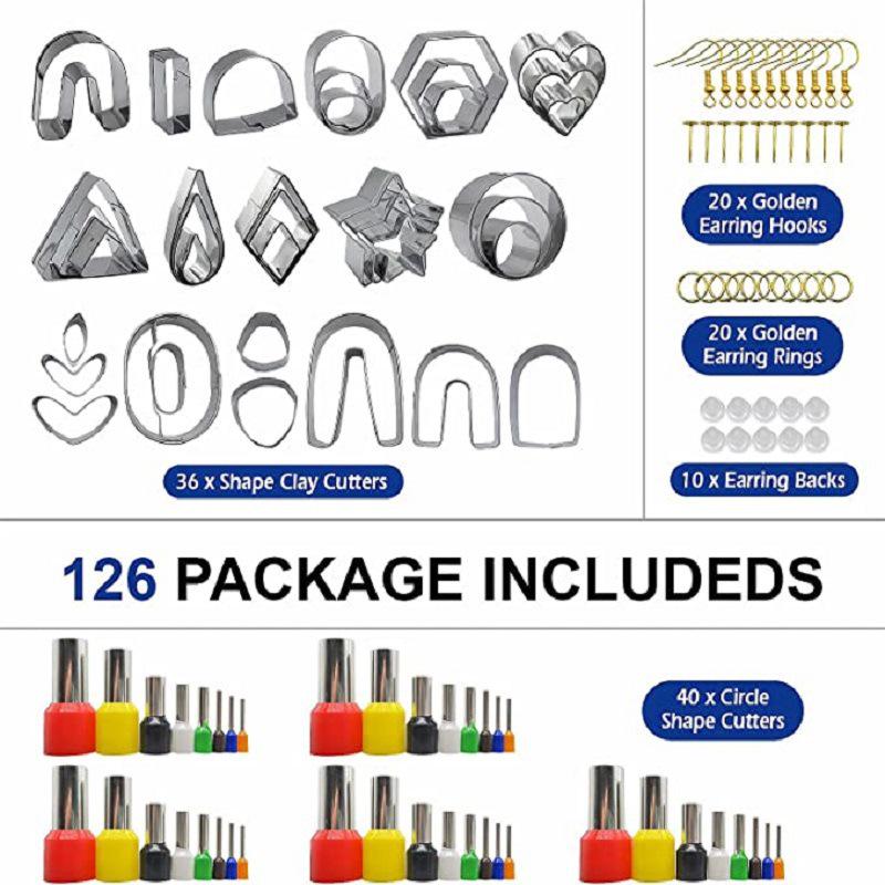 126-Piece DIY Polymer Clay Earring Kit: Stainless Steel Cutters, Earring Cards, Ear Hooks & Geometric Shapes