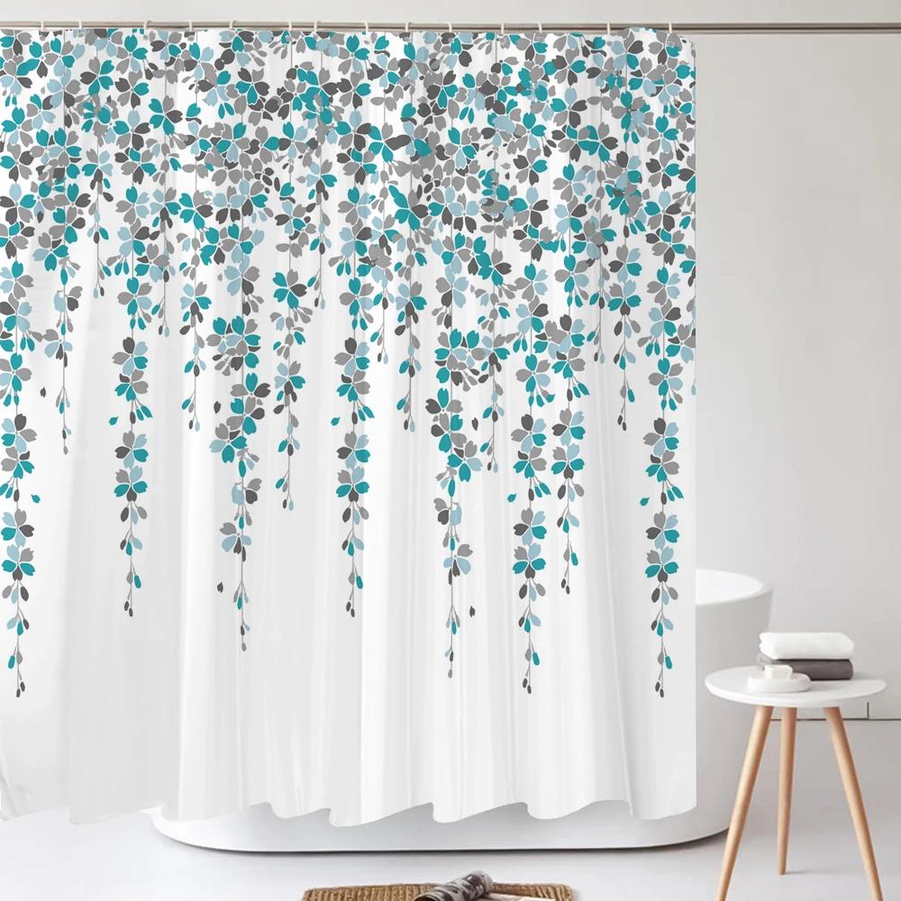 Waterproof Shower Curtain with 12 Hooks Fresh Flowers Leaf Plant Printed Bath Curtains Polyester Cloth Bathroom Accessories