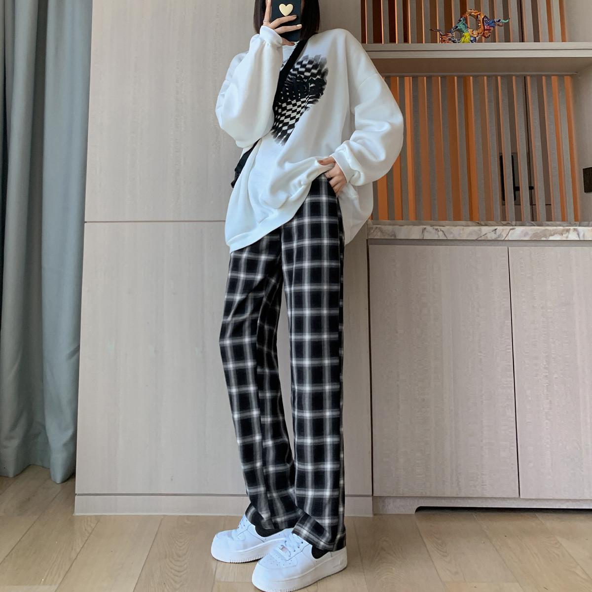 

Повседневные клетчатые брюки для женщин, новые осенние свободные прямые брюки с высокой талией, драпированные, универсальные, узкие, широкие брюки для женщин XXL