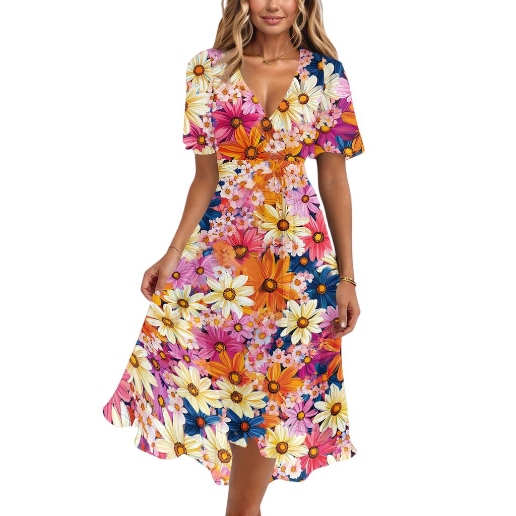 Women's Fashion Casual V Neck Short Sleeve Retro Floral Print Dress Midi Length Lightweight Summer Dress