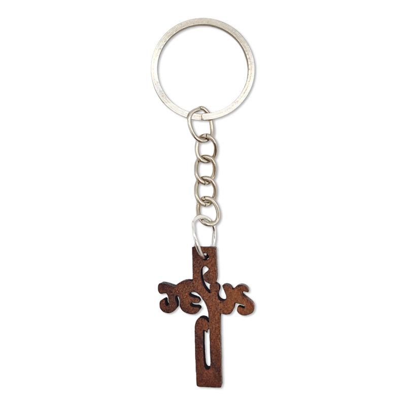 Wooden cross keychain party gift kraft paper label and organza bag christening gift
