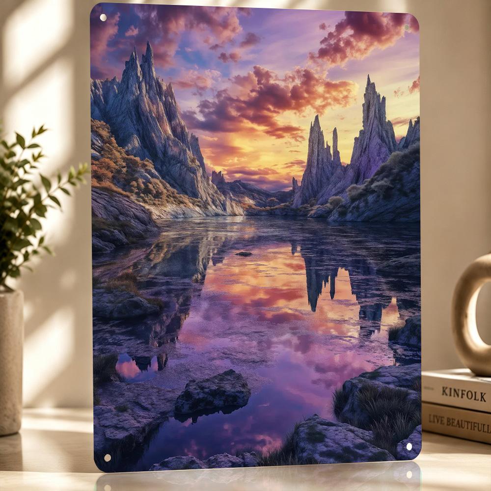 Fantasy Mountain Lake D Texture Printed Poster Custom Vintage Metal Tin Plate Sign for Wall Art Decor Luxury Article Decoration