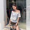 White Graffiti Letter Printing Slanted Shoulder Short-sleeved T-shirt Women's Summer New Design Off-the-shoulder Loose Top