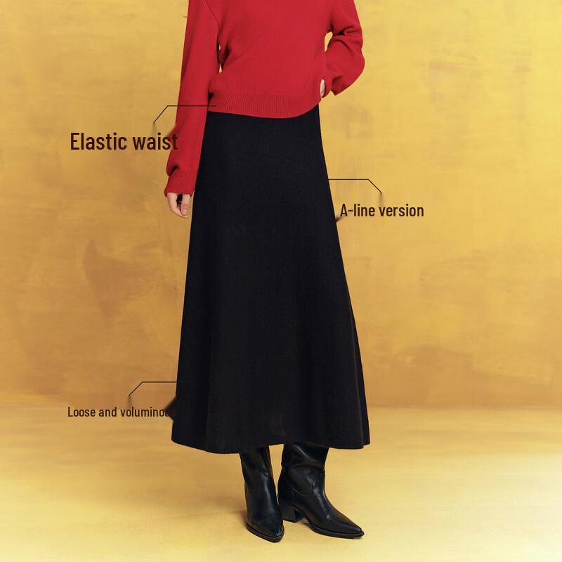 ELLE Women's Elegant Black Merino Wool Blend A-Line Midi Skirt