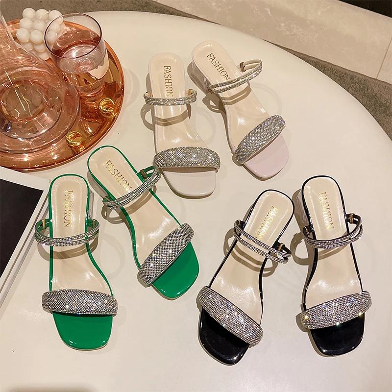 Korean Sle Women's Summer Faion Sandals Two-Way Wear Diamond Embellied Flat Heel Open-Toe Low Cut Rubber Outsole