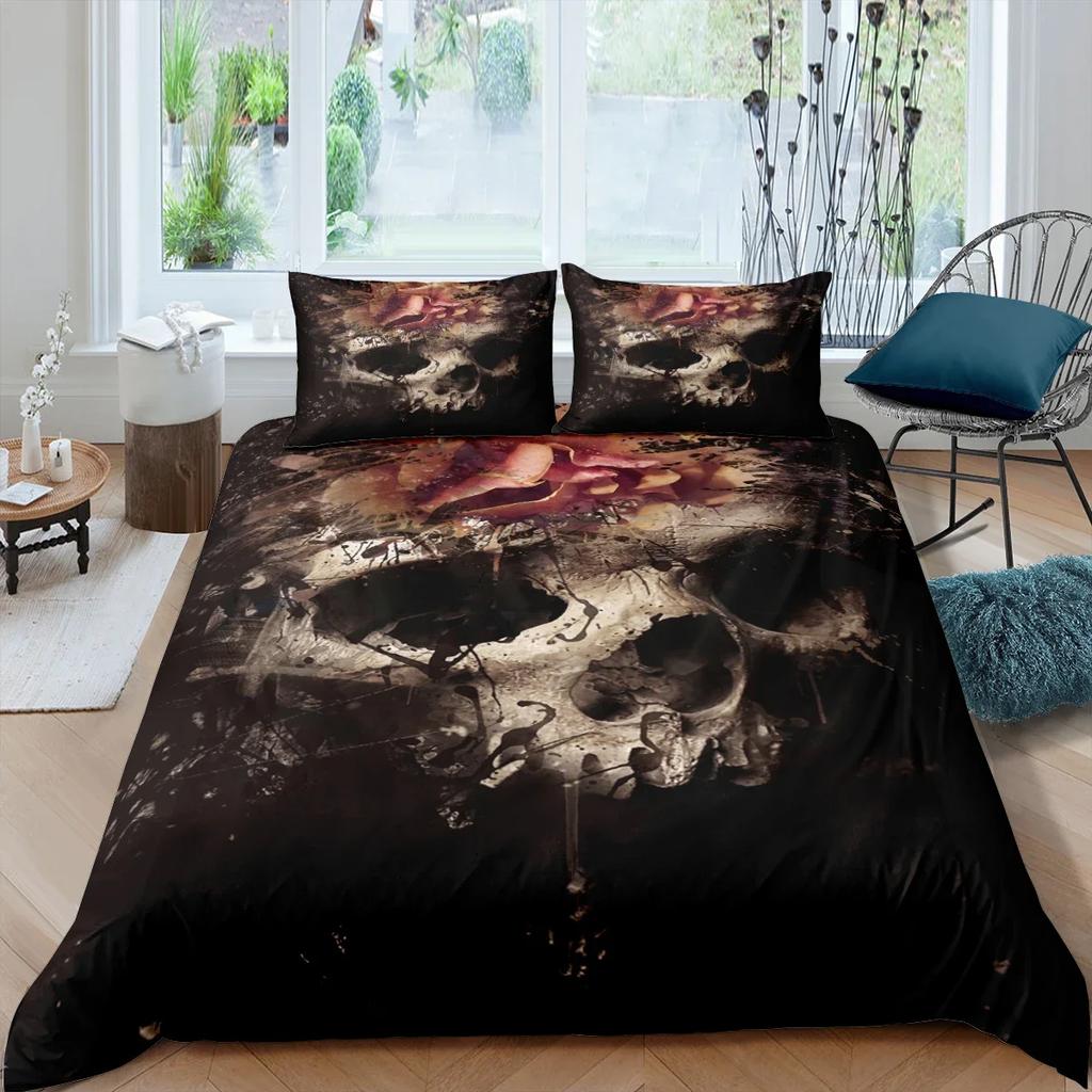 Sugar Skull Bedding Sets King Beauty Kiss Skull Duvet Cover Bed Set Bohemian Print Black Bedclothes Queen Size Bedline