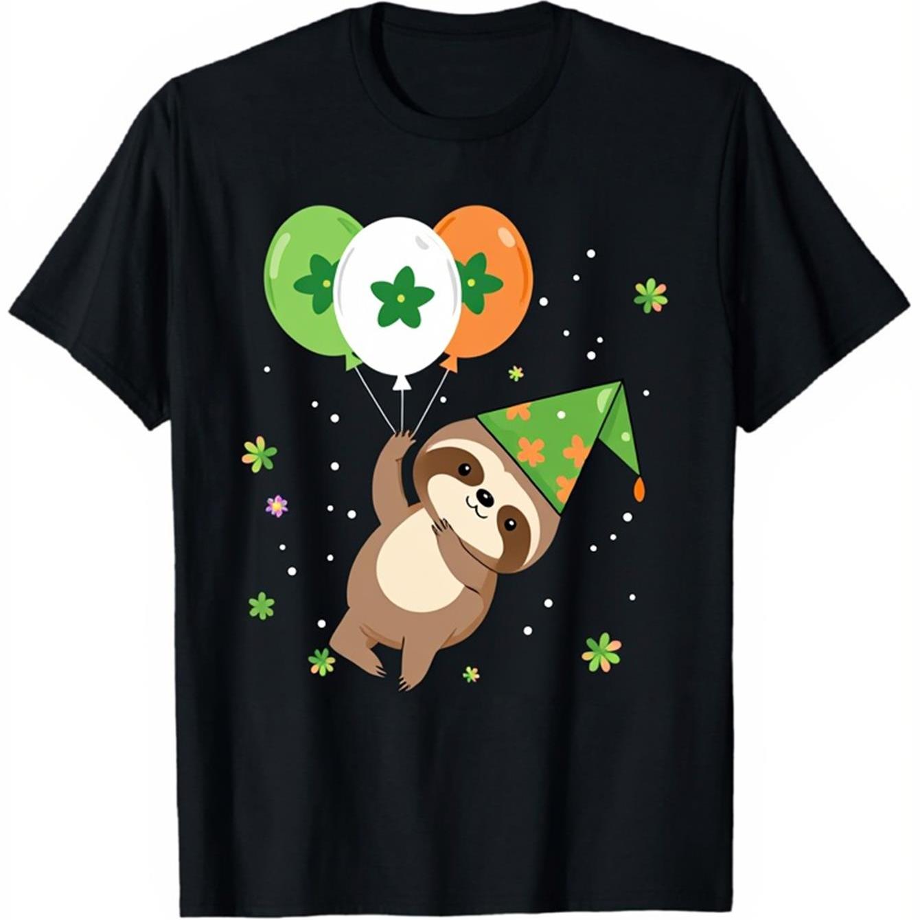 St Patricks Day Sloth Balloons Graphic Tee Cotton T-Shirt Casual Short Sleeve Festival Gift 4XL