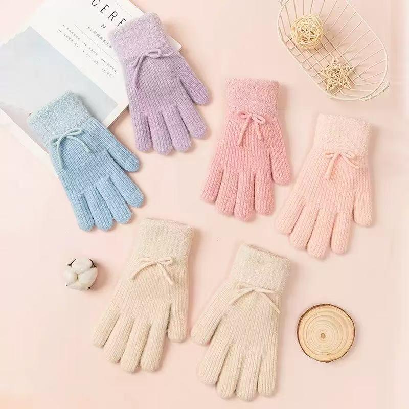 Cross-border Korean Style Cute Bow Wool Winter Gloves - Warm, Windproof, Full Five-Finger Design