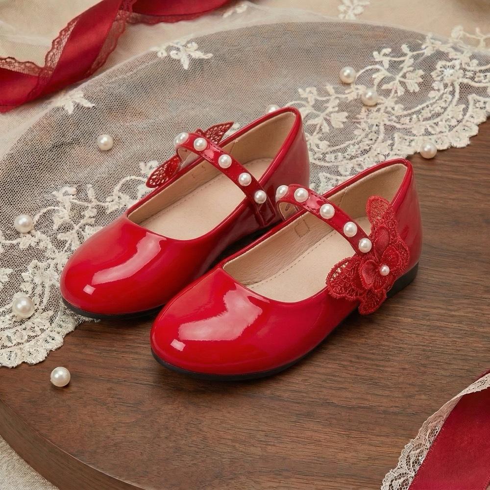 Girls  Retro Pearl Butterfly Soft Sole Leather Flats Size 30 красный