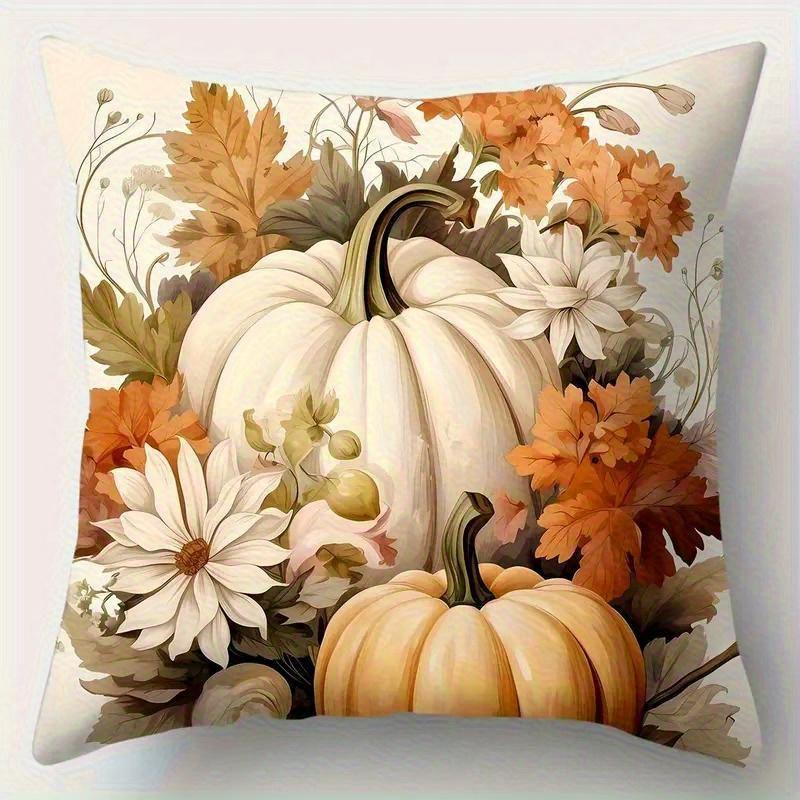4pcs Autumn Thanksgiving Pillow Covers - Pumpkin Floral Print with Sunflowers, Daisies & Fall Leaves, Soft Square Cushion Covers with Zipper Closure,