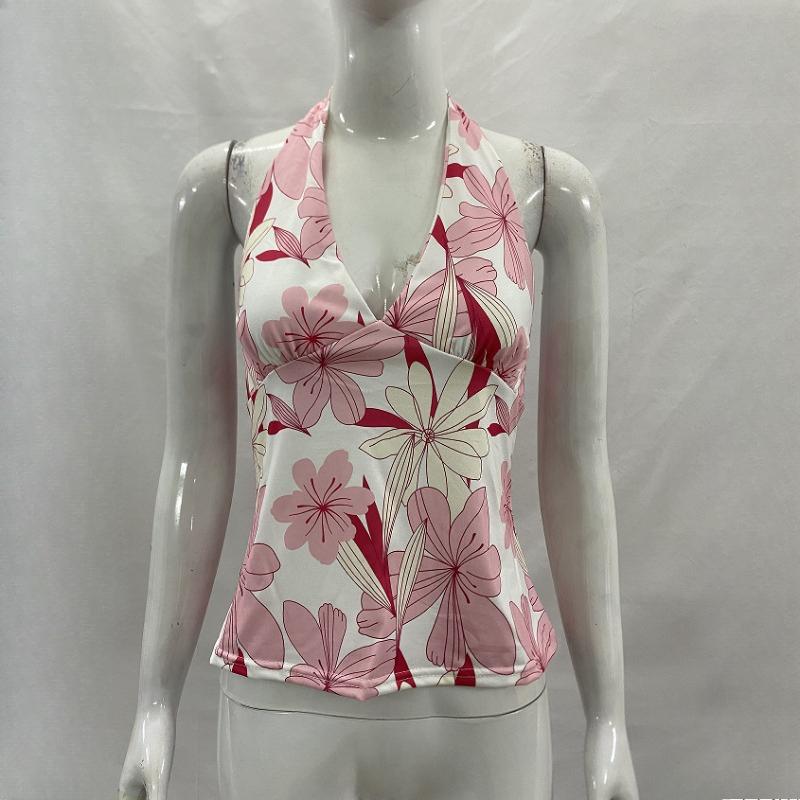 

Y2K summer fashion V-neck floral pattern slim fit hanging neck tie sexy vest S розовый