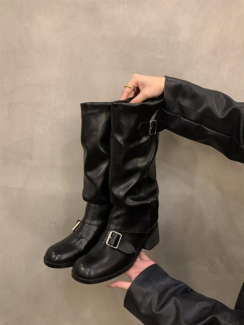 

Сапоги-трубы в стиле ретро на высоком каблуке, коричневые длинные рыцарские сапоги, женская обувь 2024 года, новые осенне-зимние брюки средней длины, длинные сапоги-трубы 40 чёрный