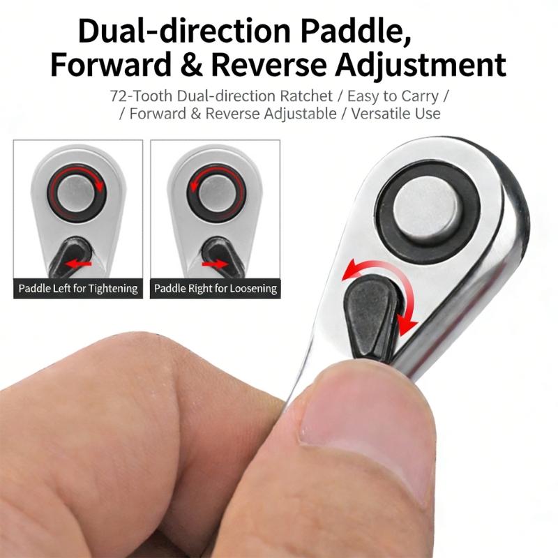 High Torques 1/4Inch Ratchet Wrench Socket with 2 Directional Mechanism and Swivels Head for Accessing Tight Confined Space