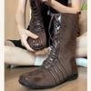 Fashion Women Vintage Fall Winter Boots Lace-up Western High Top Shoes Flat Front Lace-Up Side Zipper Anti-Slip Color Matching Mid-Calf