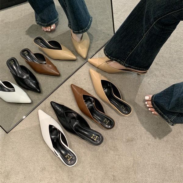 Tax-Free Spring And Summer New Simple Pointed Short Heel Sandals Solid Color Light Mouth Small Heel Bag Head Slippers