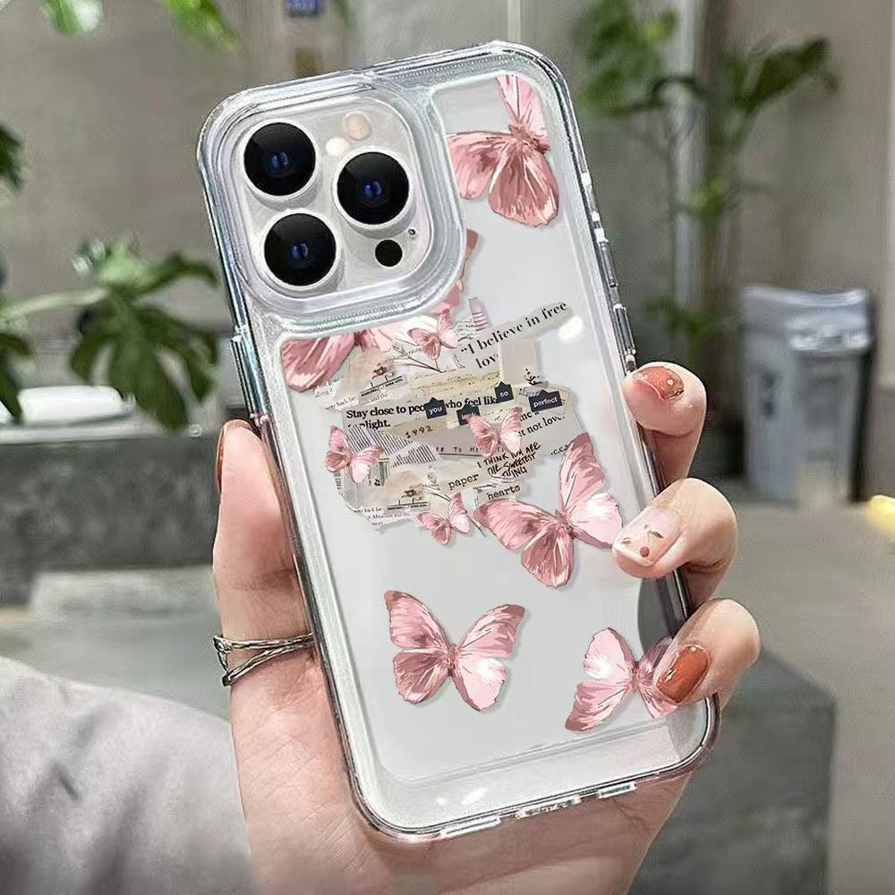 Super fairy pink butterfly suitable for iphone16promax mobile phone case transparent apple 15 anti-drop 14pro13/12