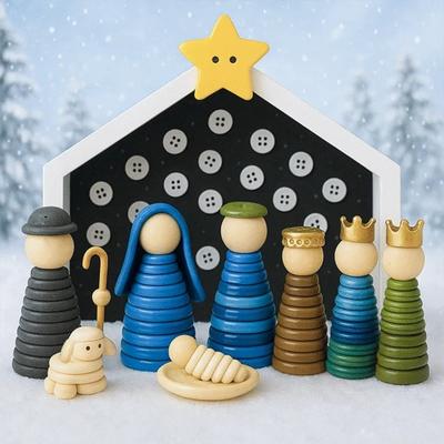 Kit Scene Nașterii cu Nasturi DIY Set Artizanal de Crăciun cu Nasturi Mărgele și Stea pentru Decor de Sărbători Confecționare Creativă de Ornamente de Crăciun pentru Familie Copii