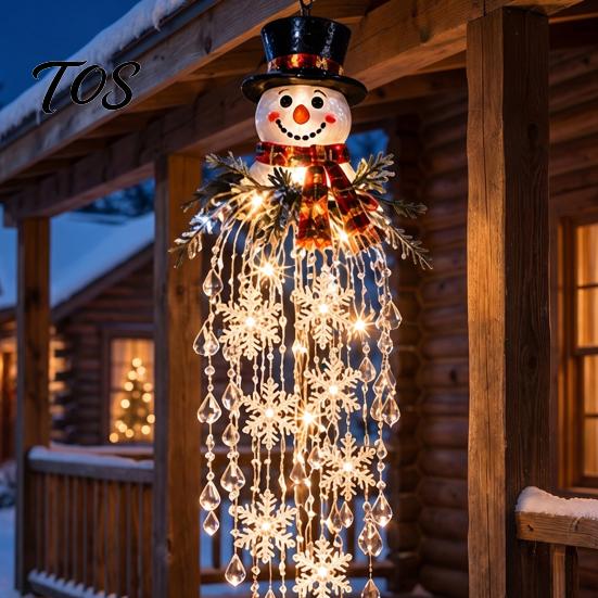 Christmas Gift for Friends Crystal Waterfall Lights, LED Warm White Snowman Pendant Decorative Pine Branch Pendants Light with Snowflake Droplets,